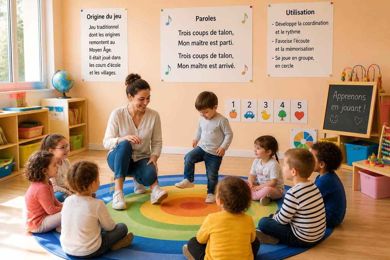 découvrez l'origine, les paroles et l'utilisation pédagogique de la comptine "trois coups de talon" en maternelle pour enrichir les activités des jeunes enfants.