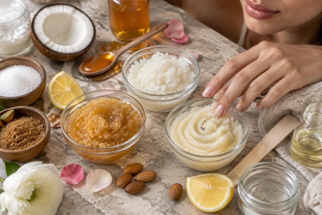 découvrez 3 recettes de gommage au sucre maison, douces et faciles à préparer pour exfolier le corps et les lèvres naturellement.